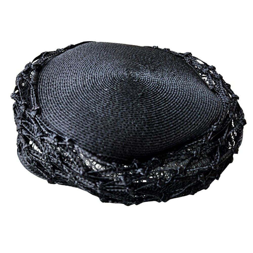 Vintage Black Woven Straw Pillbox Cage Hat Buffums Pinehurst 22" 1960s - Picture 8 of 12